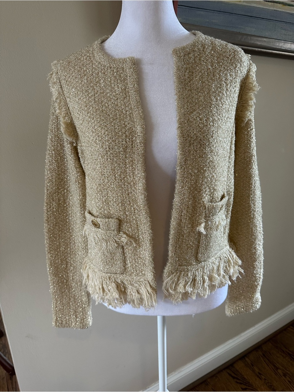 Lilly Pulitzer Simora Fringe-Trim Knit Cardigan in Beige/ Gold Sz S